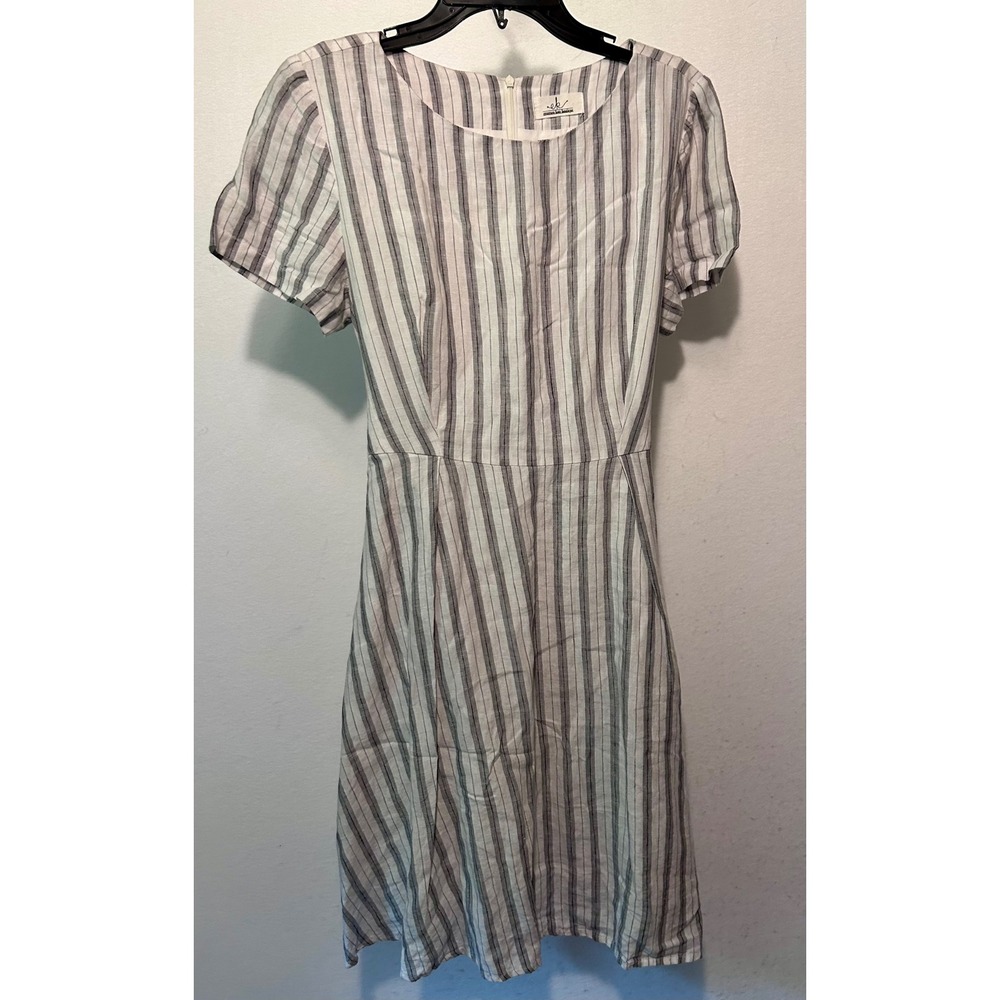 Emerson Kate Boutique Grey White Striped Linen Midi Dress Cotton Lined Large
